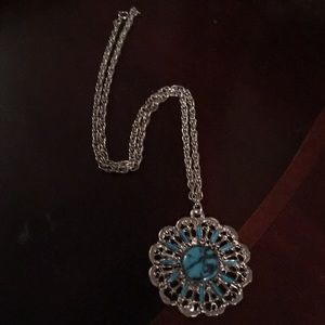 24” silver tone turquoise-like medallion necklace